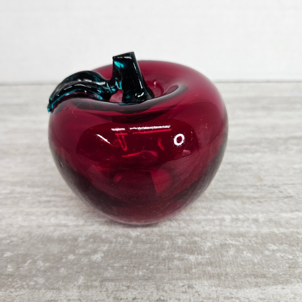 Red Glass Apple Paperweight with Dark Green Glass‎ Leaf Vintage